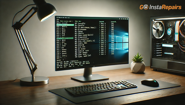 modern workspace with the Windows Command Prompt open, displaying useful commands.