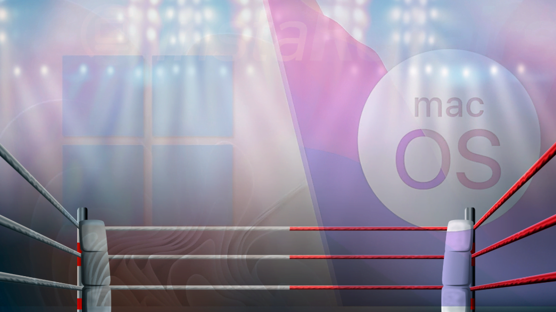 Windows vs MacOS logos in a ring